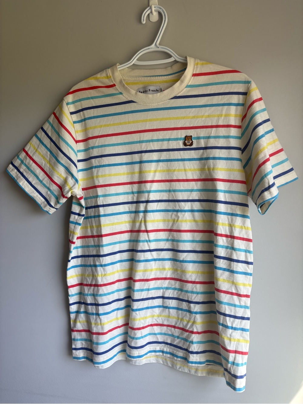 Teddy Fresh Cream Tee with Blue, Red, Yellow & Pink Stripes and Bear Patch